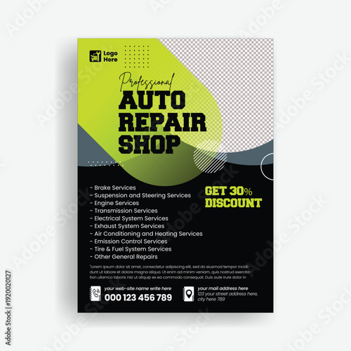Clean Modern Car Repair Flyer A4 Print Ready Template for Auto Service Center Marketing, Vehicle Maintenance Garage Advertising, Mechanic Service Poster Design Brochure Cover Template
