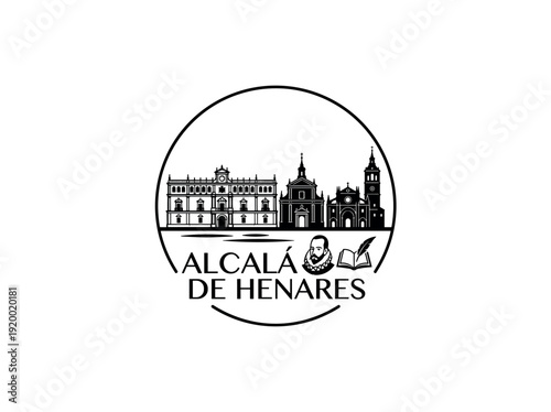 Wallpaper Mural Alcala de Henares city of Spain stylized black and white skyline logo with iconic architecture Torontodigital.ca