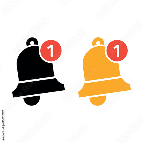 Black and yellow bell icons with red notification badges displaying number 1 flat design style isolated on white background symbols for alerts and communication