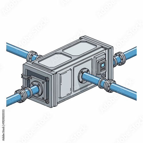Industrial flow manifold with multiple blue pipes for fluid distribution.
