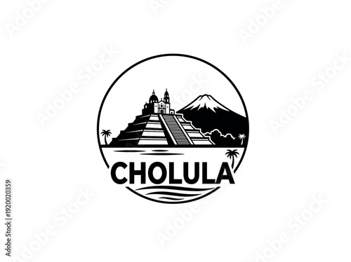 Cholula city of Mexico skyline emblem with landmarks