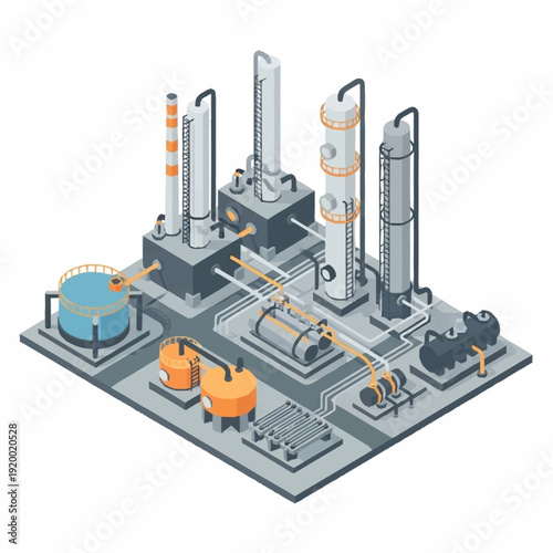 Industrial Refinery Plant with Distillation Towers and Tanks.