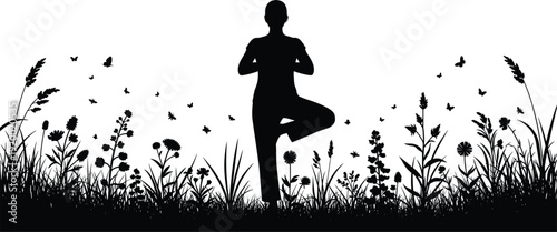 Woman practicing yoga tree pose silhouette in wildflower meadow with butterflies and summer grass cad drawing flat vector illustration mindfulness,