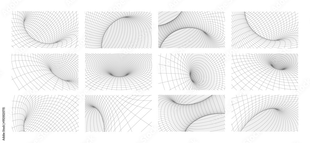 Obraz premium Abstract geometric 3D wireframe mesh tunnel with perspective grid lines in minimalist black and white style for technology, business, science and digital network designs, futuristic vector.