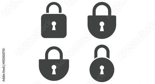 Collection of four distinct dark gray security padlock icons representing different concepts of digital and physical locking mechanisms