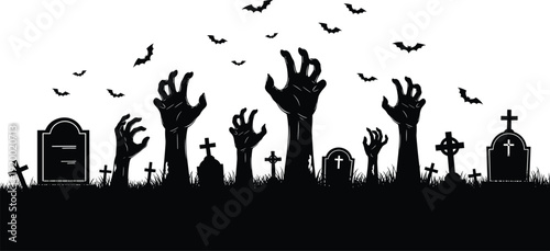 Zombie hands rising from graveyard with tombstones crosses and bats for scary halloween party decor cad drawing flat vector illustration