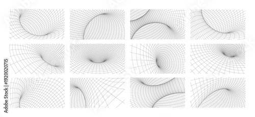 Abstract geometric 3D wireframe mesh tunnel with perspective grid lines in minimalist black and white style for technology, business, science and digital network designs, futuristic vector.