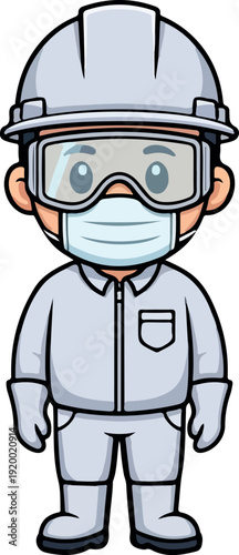 Cartoon Worker in Full Personal Protective Equipment (PPE)