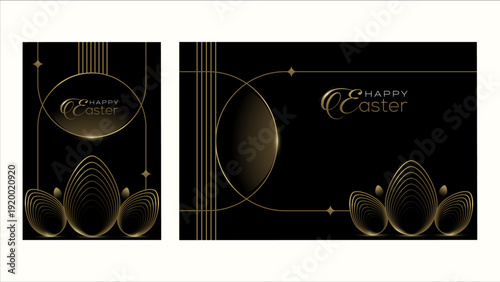Happy Easter Luxury Black and Gold Background – Elegant Abstract Premium Golden Eggs Social Media Post, Banner, Wallpaper, Editable Vector Template. 