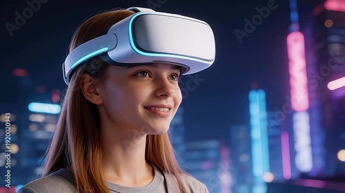 Wallpaper Mural Young woman wearing VR headset in cityscape Torontodigital.ca