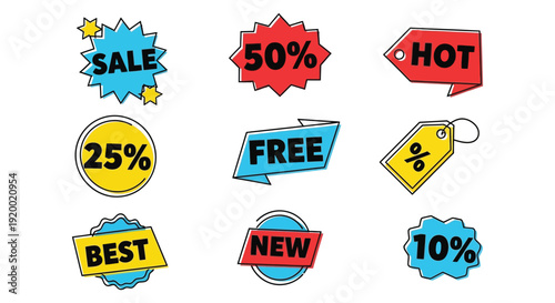 Colorful e-commerce promotion vector illustration graphic tags and labels for online shopping and advertising design