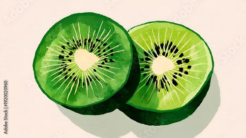 Vibrant watercolor illustration captures two juicy kiwi slices, showcasing their iconic green