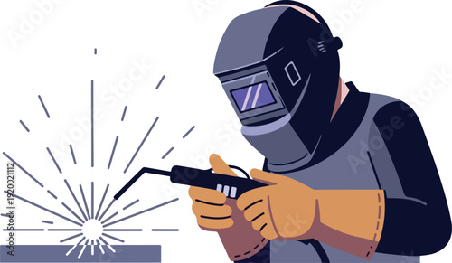Professional Welder Working with Sparks in Protective Helmet and Gloves
