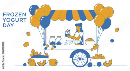 Frozen yogurt day illustration with cart and fruit toppings