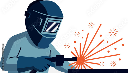 Professional Welder At Work With Protective Helmet And Flying Sparks