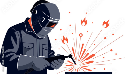 Professional Welder Performing Arc Welding with Protective Gear and Sparks
