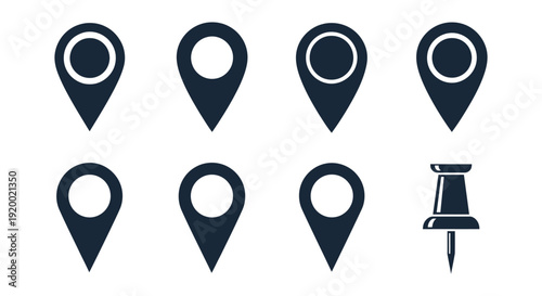 Collection of assorted dark location marker pins and map navigation pointers vector graphic icons