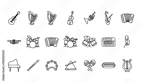 Modern Monoline Music Instrument Icons Collection with Clean Outline Design on White Background