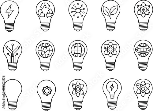 Light bulb idea icons set with ecology technology science energy and innovation concepts outline vector collection