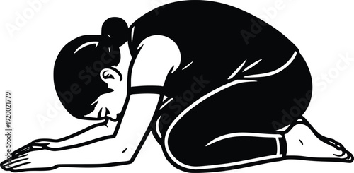Yoga Pose Vector Illustration: Child's Pose (Balasana) for Wellness, Meditation, and Relaxation. Black and White Graphic Icon for Health and Mindfulness Content.