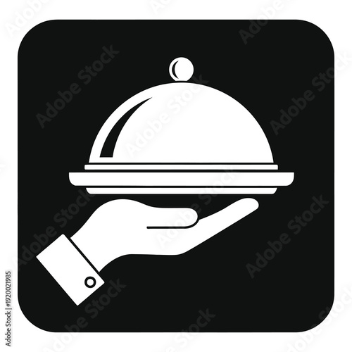 White hand holding a silver serving dish icon on gray square background icon