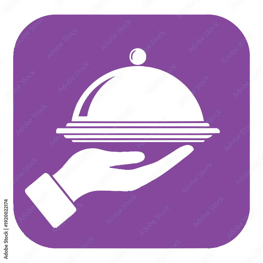 Fototapeta premium White hand holding covered serving dish on purple background square icon icon