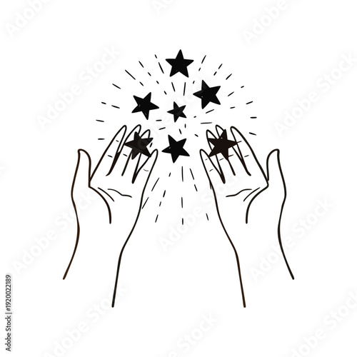 Open hands releasing glowing stars into the sky, inspirational faith, gratitude, and spiritual freedom illustration