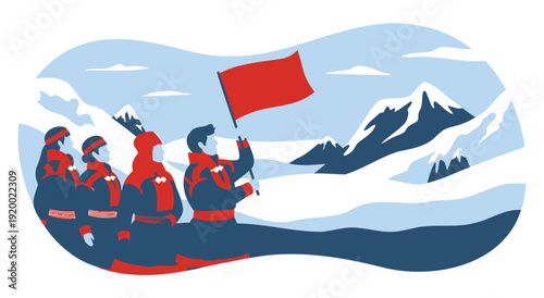 Arctic expedition team holding red flag in snowy mountains