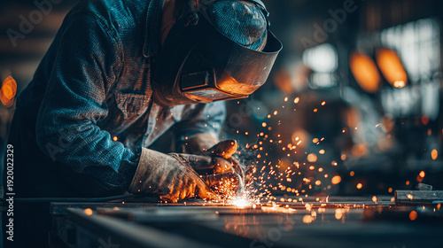Metalworker do welding in the workshop. Protective mask and sparks. Craft production, work concept