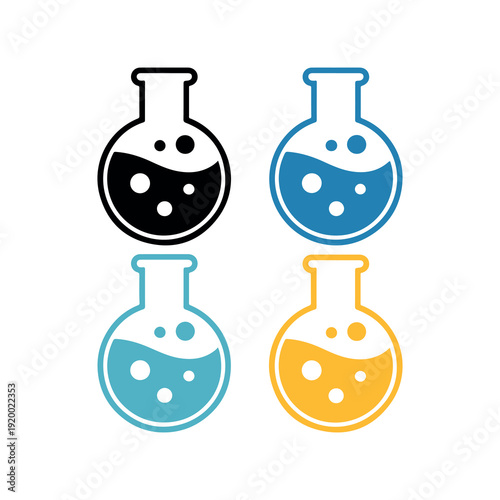 Colorful beakers containing black blue and yellow liquids with bubbles scientific chemistry equipment on a clean white background