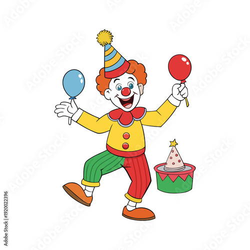 Happy clown juggling balloons, wearing party hat.