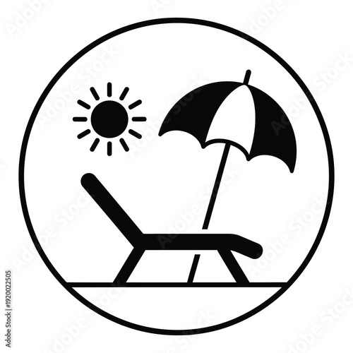 Beach chair with umbrella and sun icon in circle frame icon