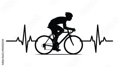 Cyclist silhouette with a heartbeat line symbolizing fitness and endurance. isolated on white background, Vector
