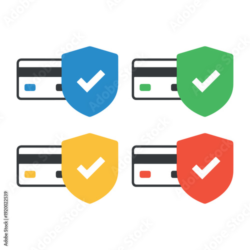 Four multicolored shields with checkmarks protecting credit cards symbolizing secure payment protection