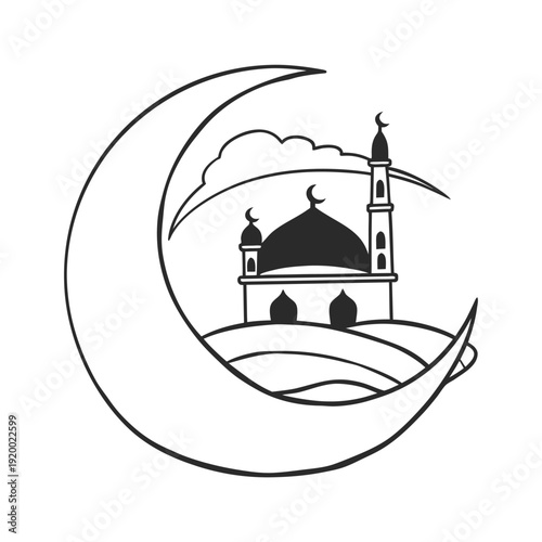 Peaceful Islamic mosque under crescent moon and stars, night spirituality and Ramadan theme minimalist illustration