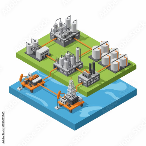 Offshore Oil Rig and Industrial Processing Plant Diagram.