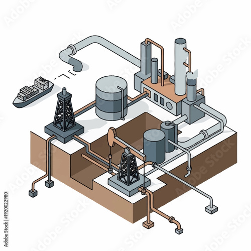 Oil and gas industry infrastructure with offshore drilling and refinery.