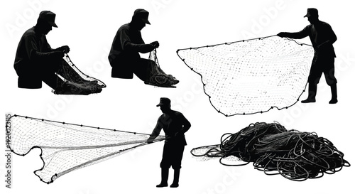 Fishing Net Casting and Fisherman Silhouettes