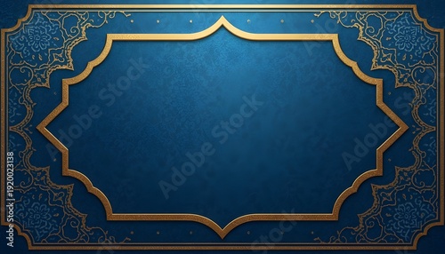 Elegant islamic geometric frame border design on deep blue textured background for copy space