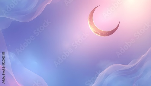 Golden crescent moon in a dreamy purple and pink sky with ethereal clouds, mystical night scene