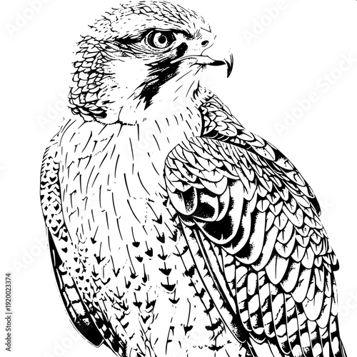 Wildlife bird of prey outline illustration, eagle mid-flight, detailed wing structure