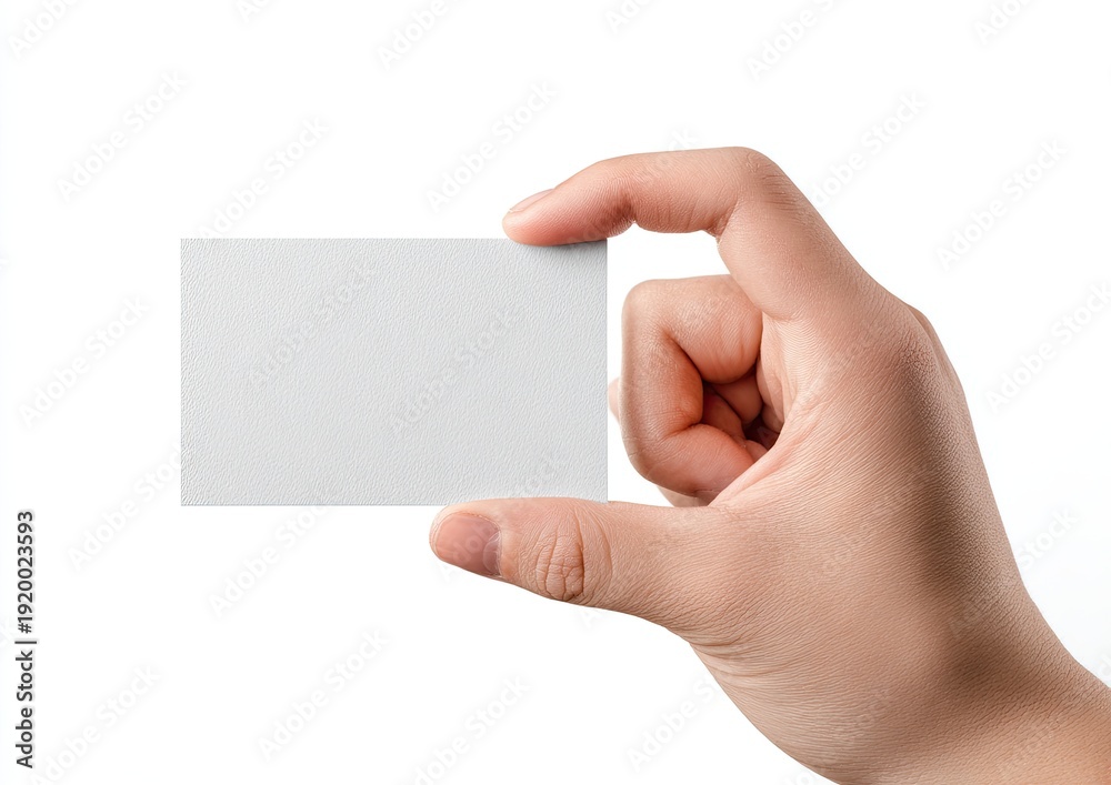 Fototapeta premium A hand holding up a blank, white rectangular card against a pristine white background