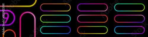 Colorful blue, purple, green and red neon pill buttons with LED glow and soft borders. Perfect for neon action call elements, casino banners, website interfaces, and modern app UI design.