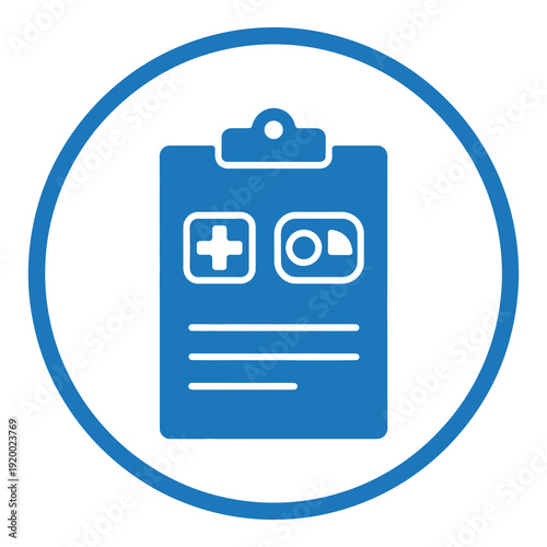 Blue clipboard icon with medical cross and camera on white background icon