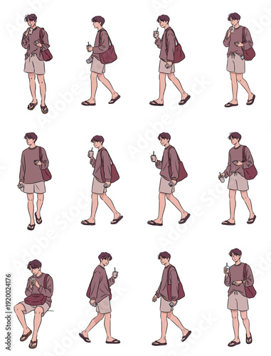 Young man walking with beverage in casual summer clothing