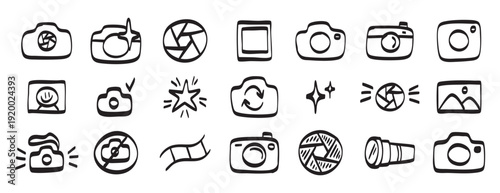 doodle hand drawn camera Photography Related Icons set. Chalk Crayon Drawing camera or photo