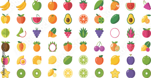 Colorful Fresh Fruits Flat Icon Set in Realistic Vector Style