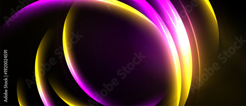 Abstract design features vibrant purple, yellow light curves. Smooth gradients create dynamic, flowing shapes against dark background. Modern, elegant.