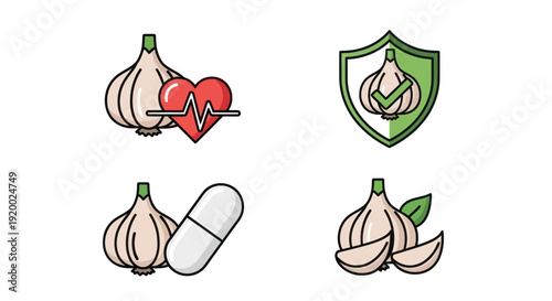 Garlic Icons: Health, Protection, Medicine, Natural Ingredients