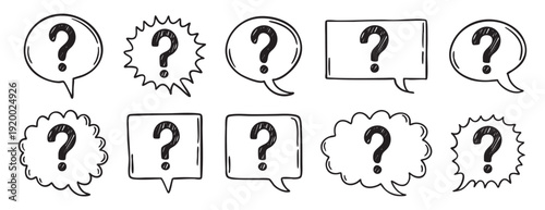 speech bubble with a bold question mark collection. doodle hand drawn sketch style. Bold Question Mark message Badges set.